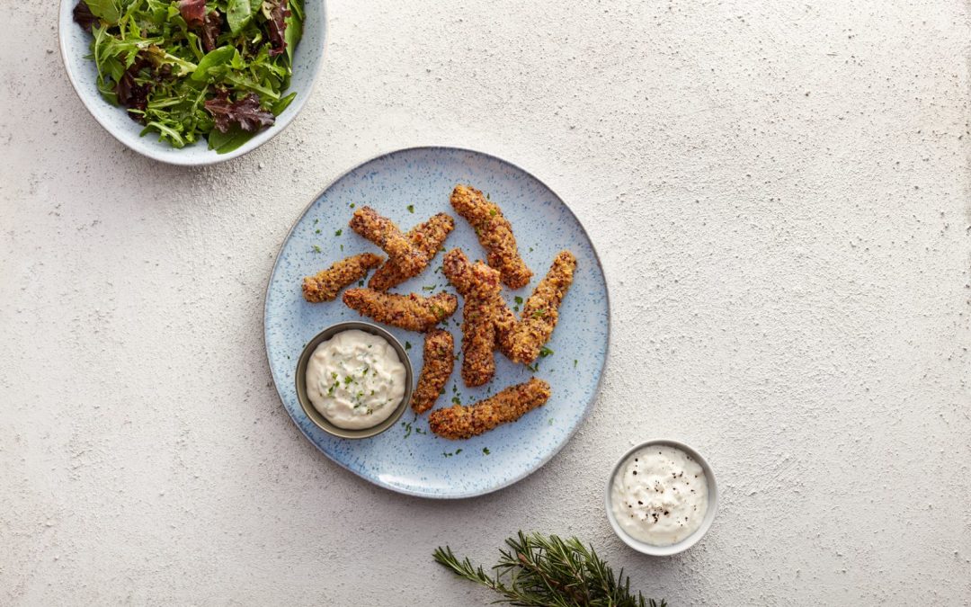 Crunchy quinoa Welsh Beef goujons served with dips