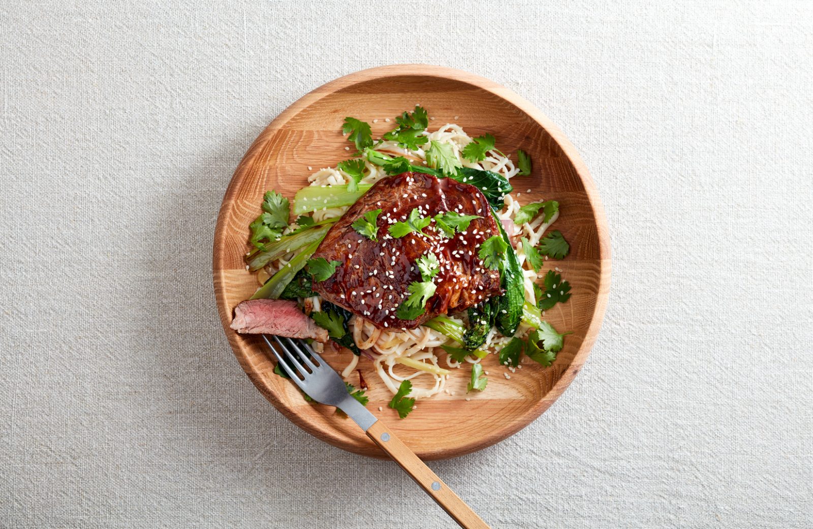Hywel Griffith’s rib-eye of Welsh Beef with noodles and kecap manis