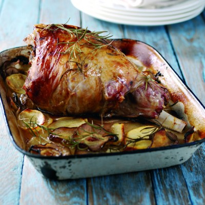 Whole leg of Welsh Lamb with rosemary and pears in pear cider