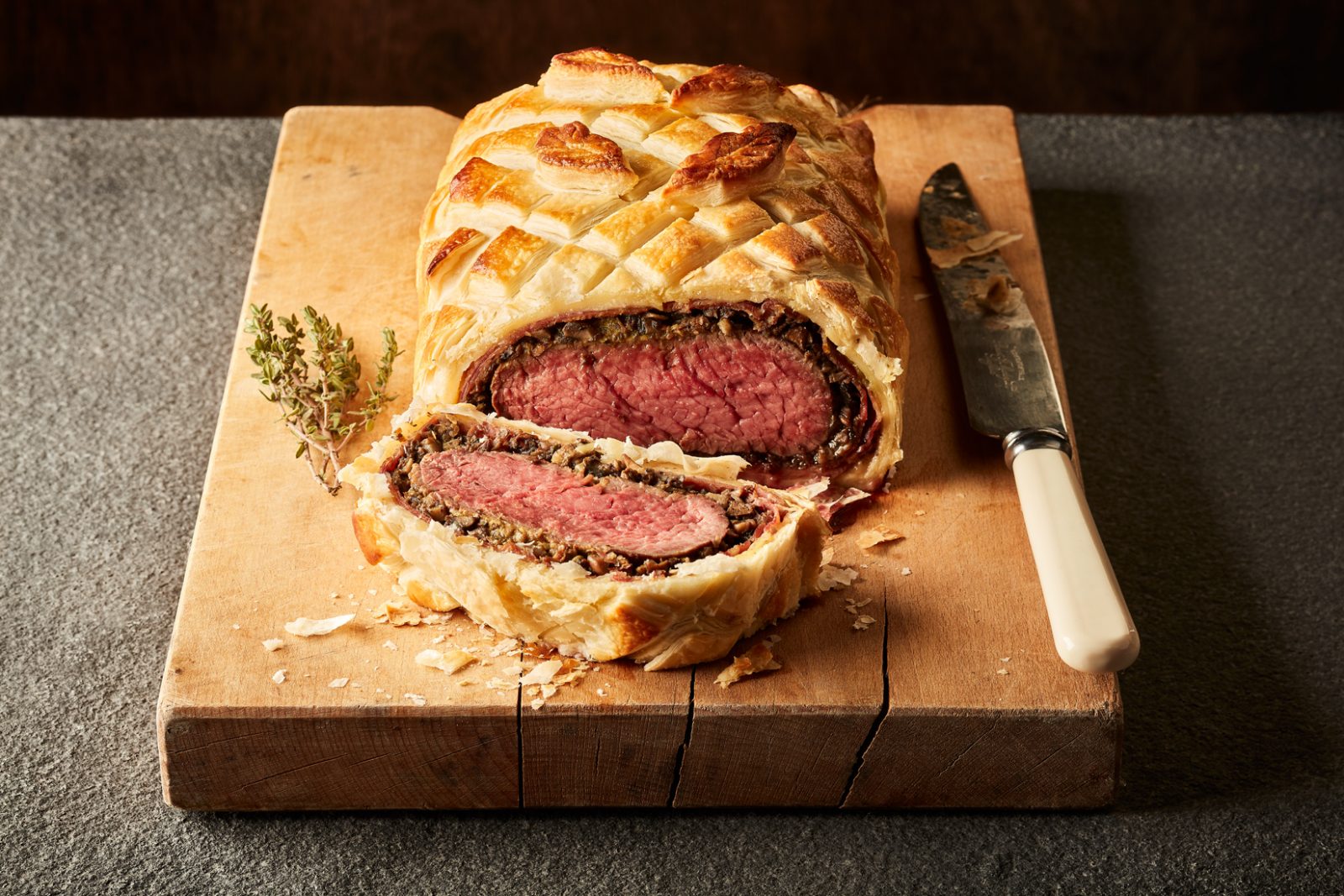 Welsh Beef Wellington with port and mushroom sauce.