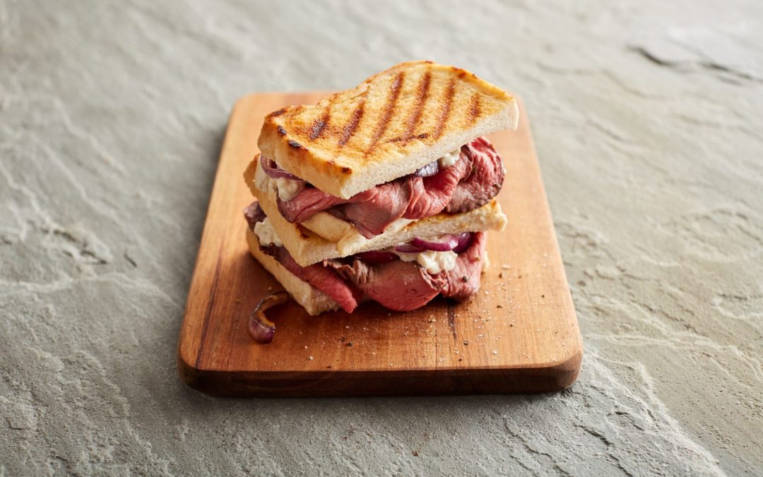 Loaded grilled Welsh Beef sandwich with horseradish mayo