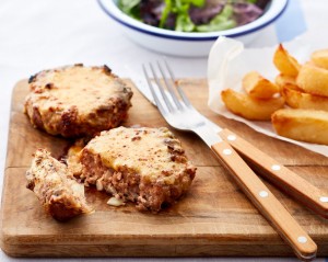 Welsh Lamb burgers topped with rarebit