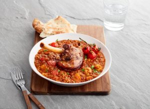 Slow cooked Welsh Lamb shanks with rogan josh lentil and potato ragout