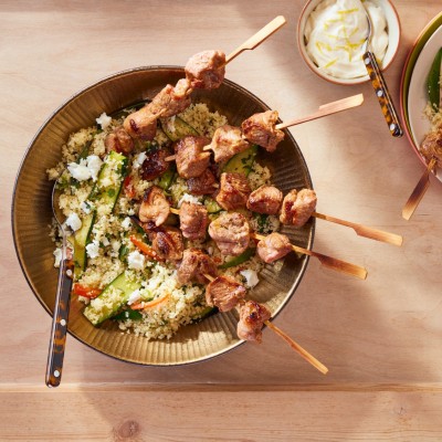 Welsh Lamb kebabs with chargrilled summer vegetable and feta couscous