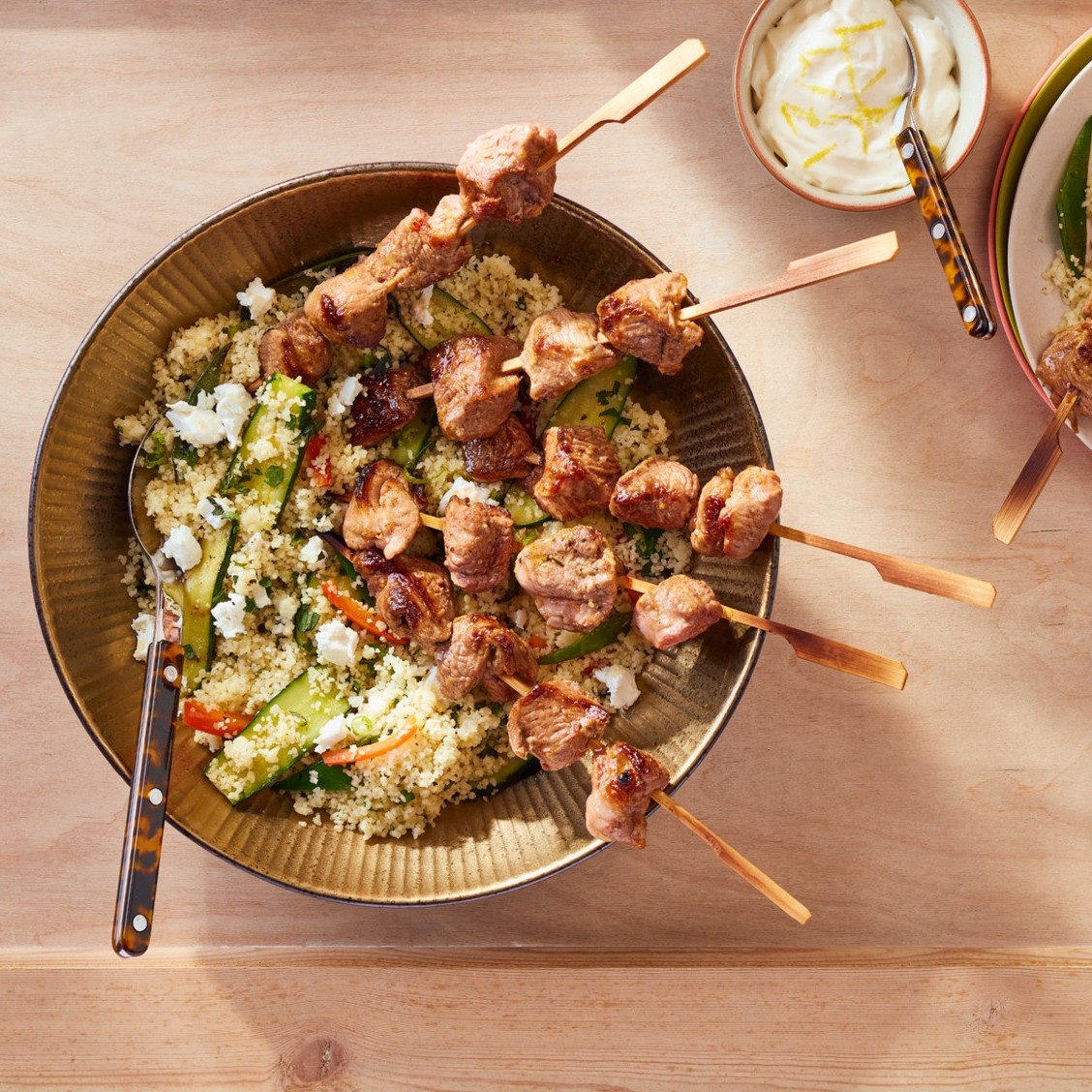 Welsh Lamb kebabs with chargrilled summer vegetable and feta couscous