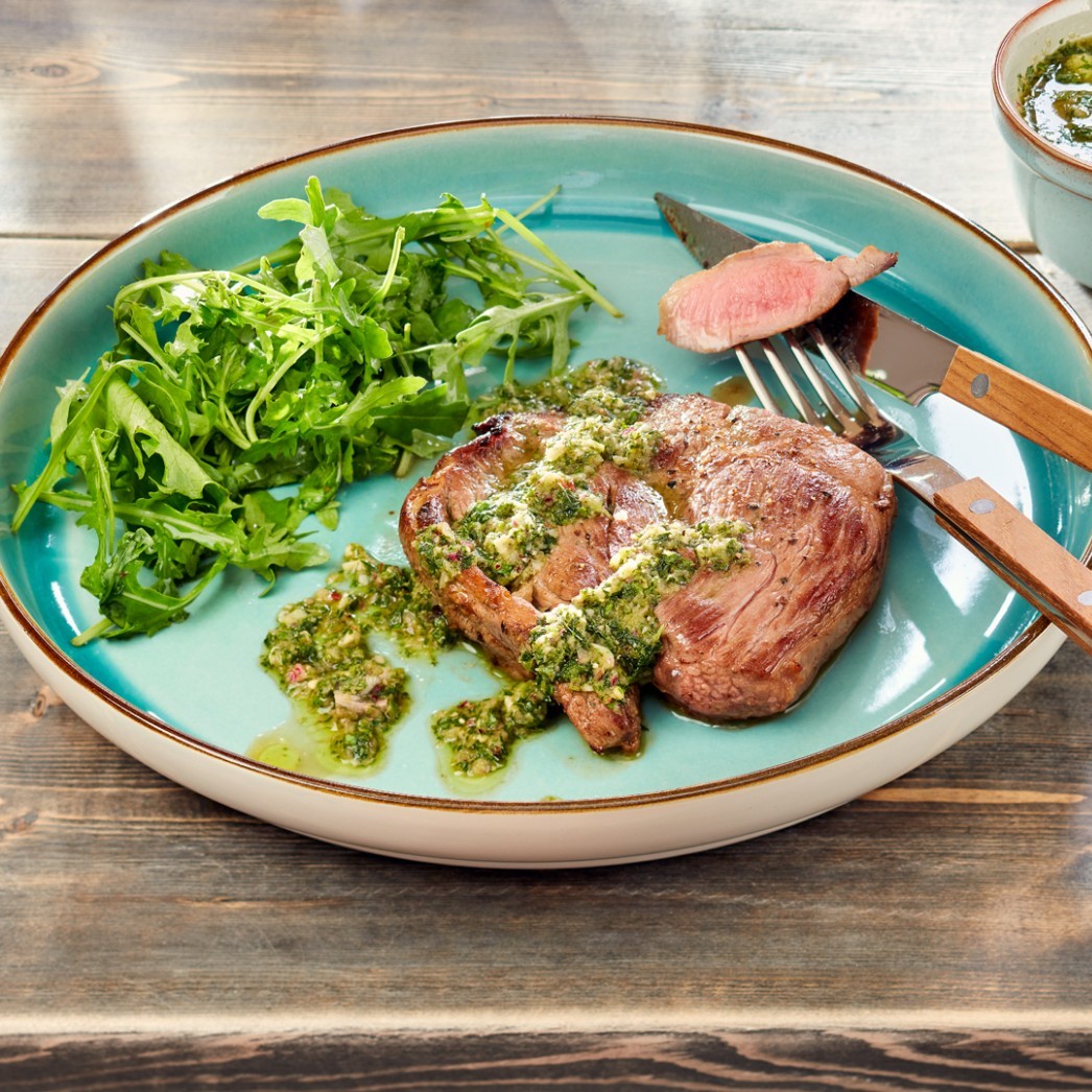 Welsh Lamb leg steaks with mint chimichurri