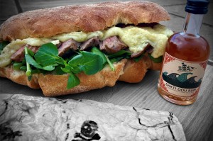 Rum soaked Welsh Beef sirloin steak topped with horseradish and parsley cheddar, dried seaweed in toasted ciabatta