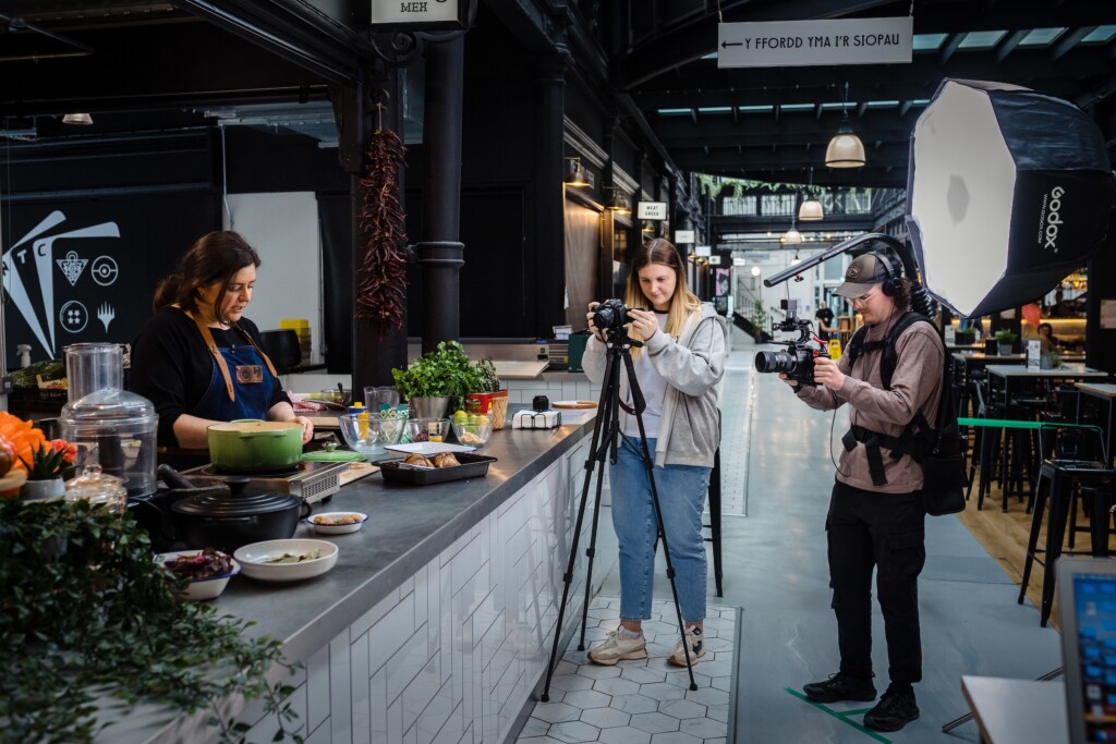 Behind the scenes shot of Leyli cooking a Welsh Lamb dish at Bab Haus' kitchen in Newport Market