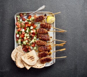 Harissa Welsh Lamb koftas served with a summer salsa and flatbreads