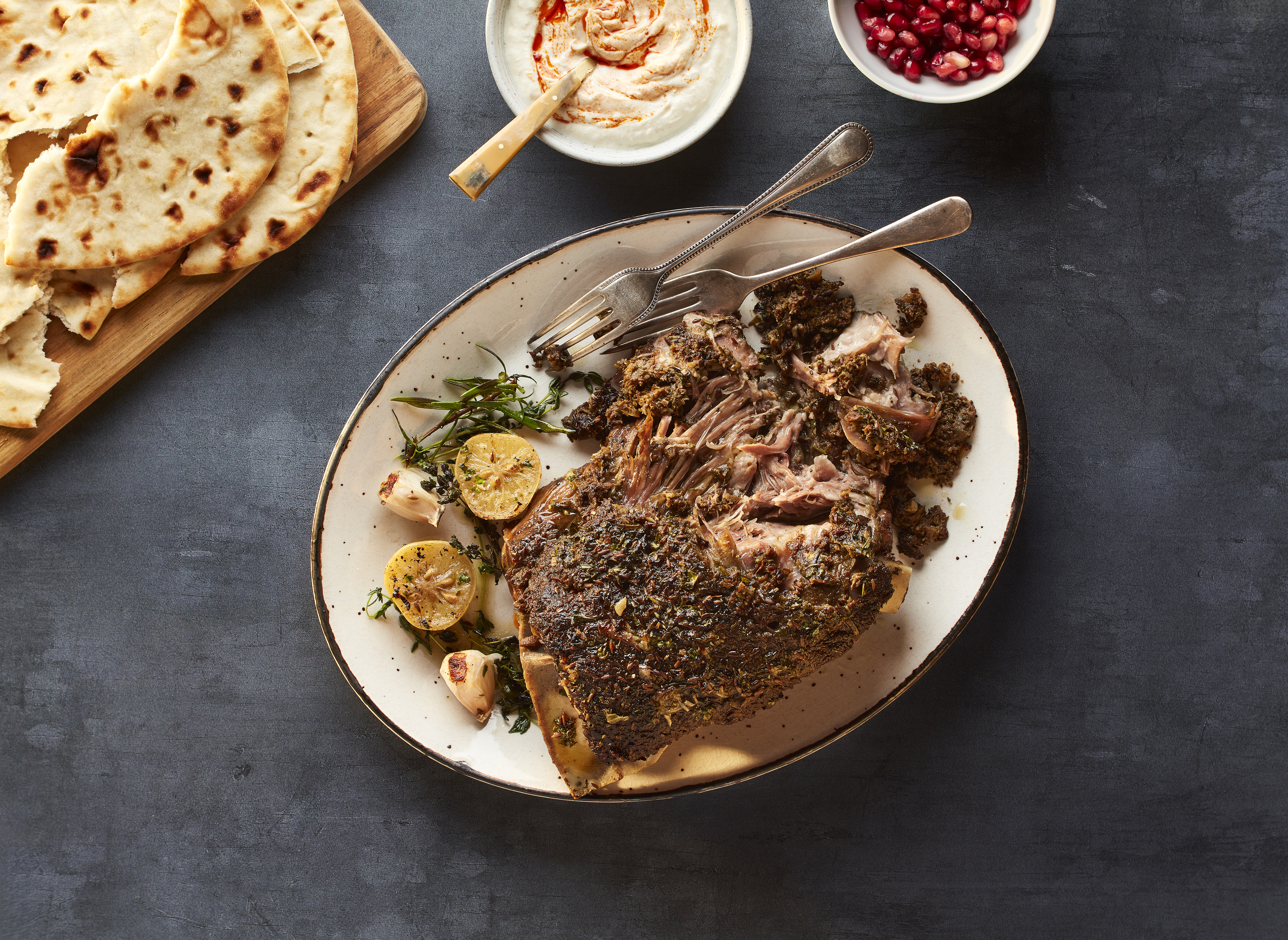 Slow cooked Welsh Lamb shoulder with a preserved lemon and spiced crust